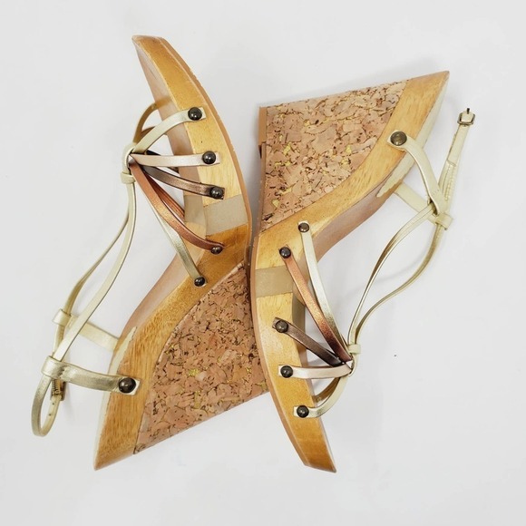 Jessica Simpson Cork  Foil Leather Straps Wooden Retro Wedges Sz 9B - Picture 5 of 10